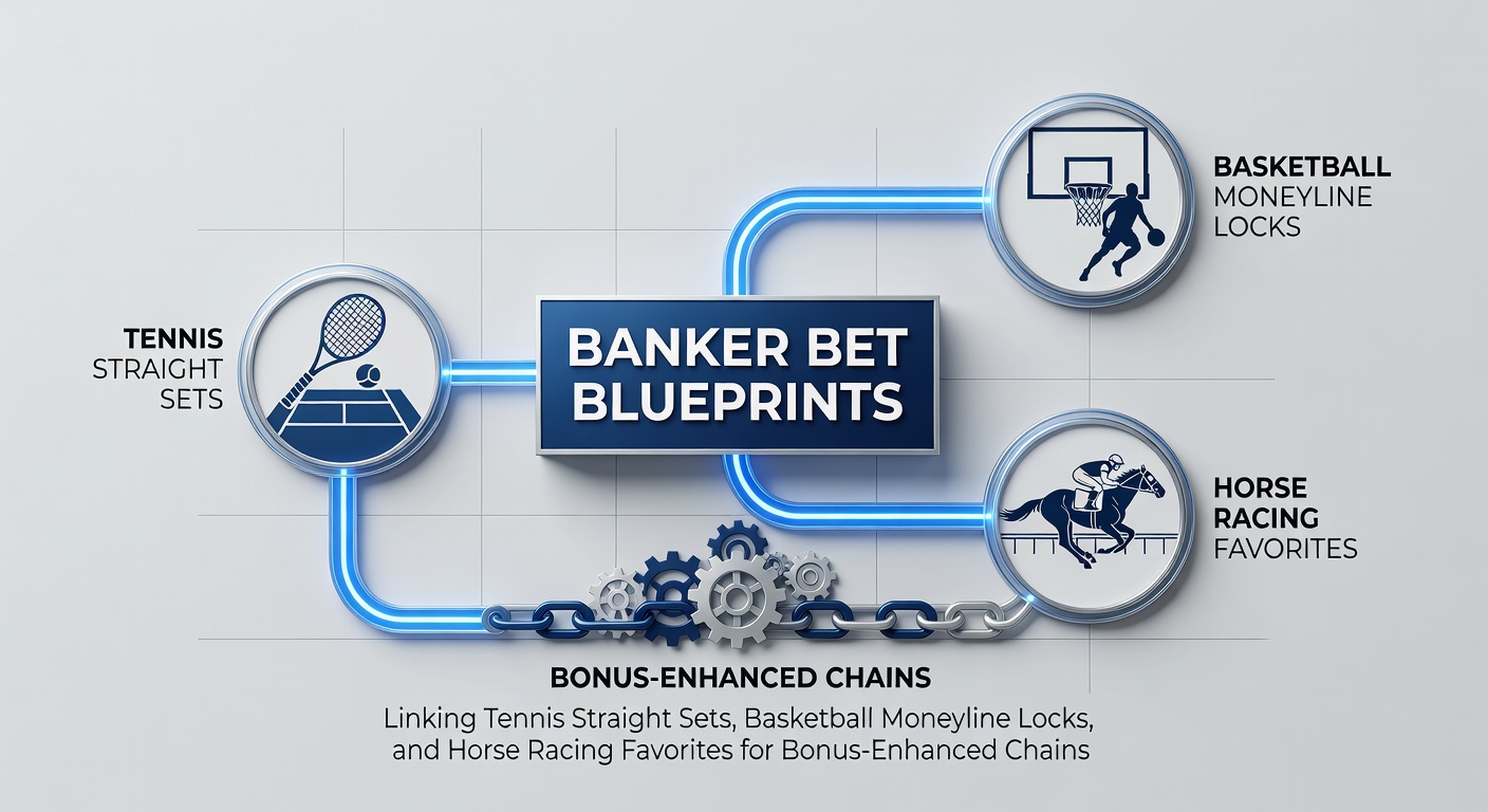 Tennis player serving on clay court with basketball hoop and horse racing track in overlaid graphic, symbolizing cross-sport banker bet chains