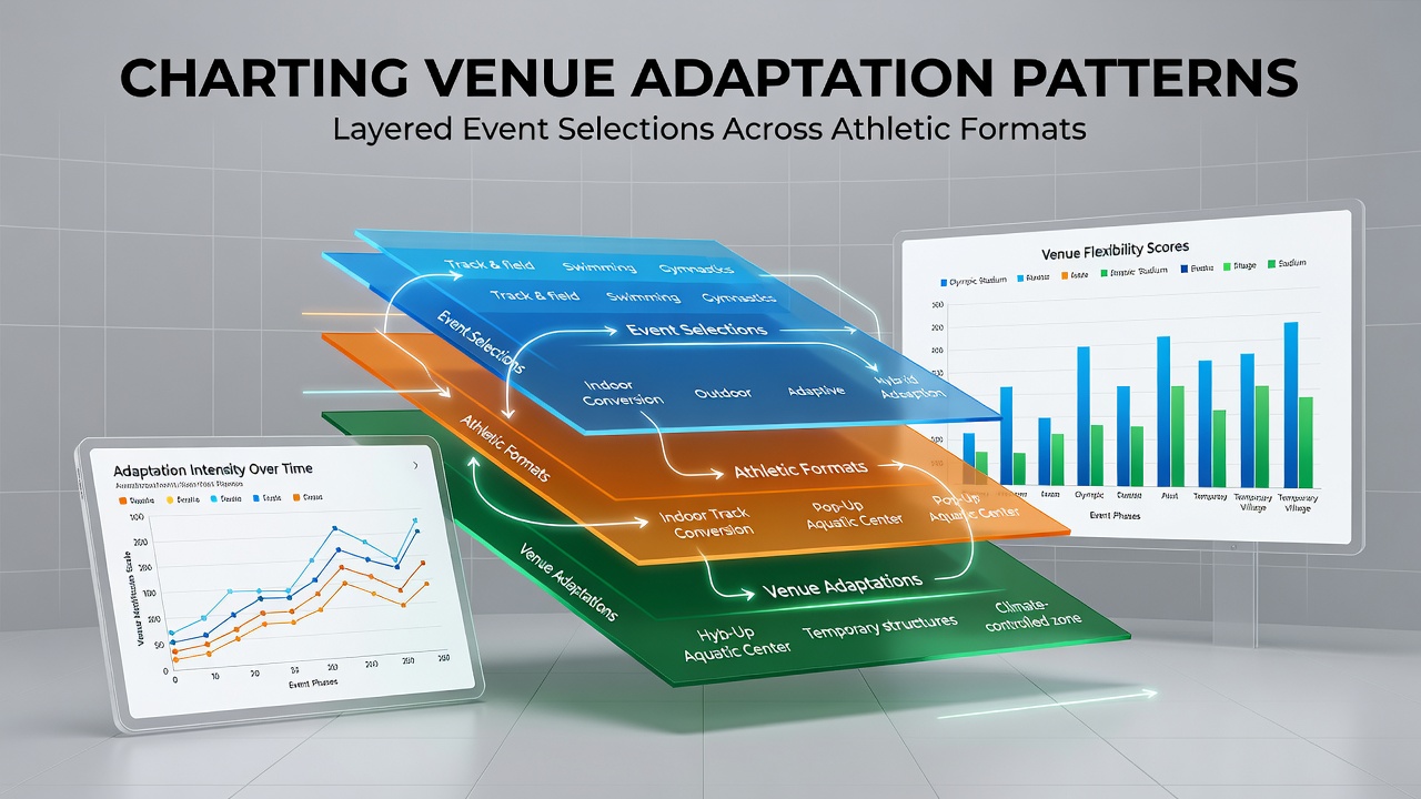Visual representation of venue adaptation patterns across multiple athletic event layers and formats