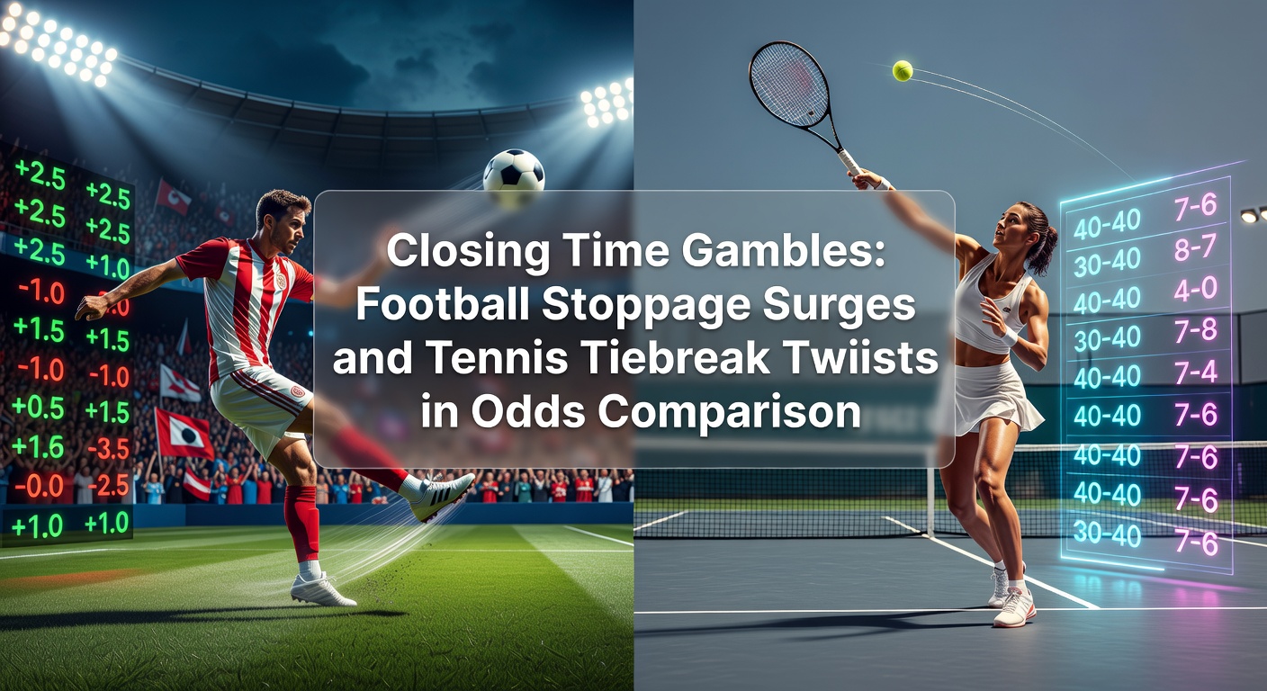 A tense football match in stoppage time with players surging forward, overlaid with tennis tiebreak intensity showing a player serving under pressure