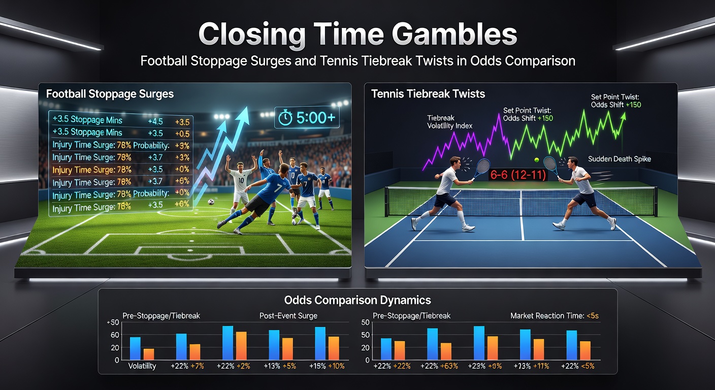 Split image of a football clock hitting 90+ minutes and a tennis player acing in a tiebreak, highlighting odds fluctuations on a betting interface