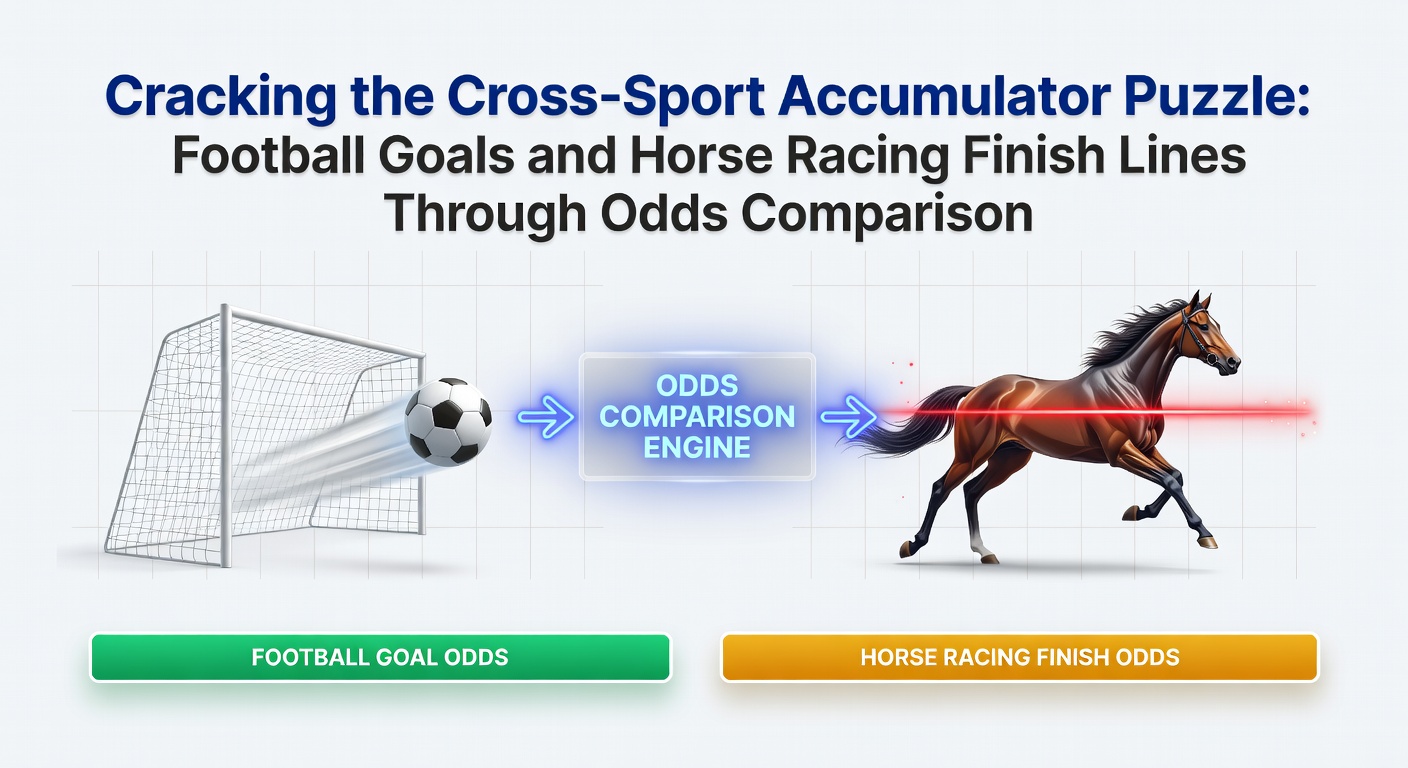 Dynamic split image showing a football player scoring a goal alongside a horse crossing the finish line, with overlaid odds charts highlighting cross-sport accumulator potential