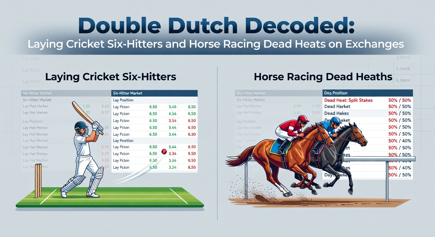 Dynamic scene of a cricketer smashing a six over the boundary while horses cross the finish line in a tight dead heat, illustrating high-stakes exchange betting action