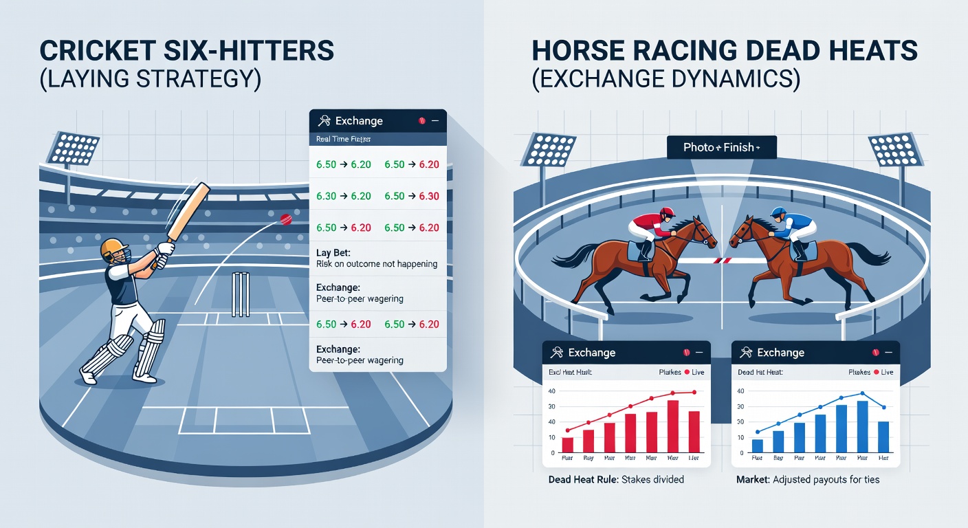 Close-up of a betting exchange interface showing lay bets on a cricket six-hitter prop alongside a horse racing dead heat market, with greenback ticks indicating matched stakes