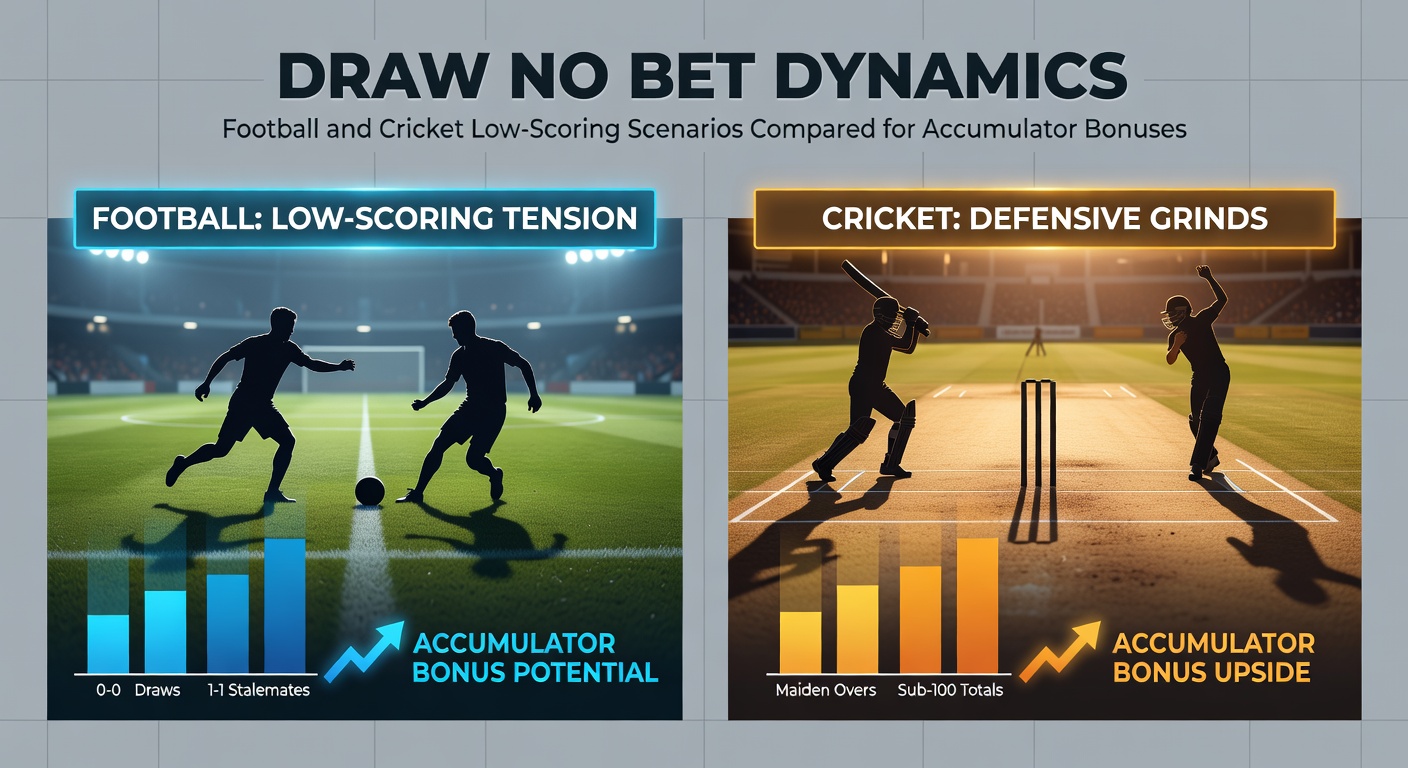 A tense football match locked at 0-0, with cricket players huddled in a low-scoring test innings overlay, illustrating draw no bet tensions