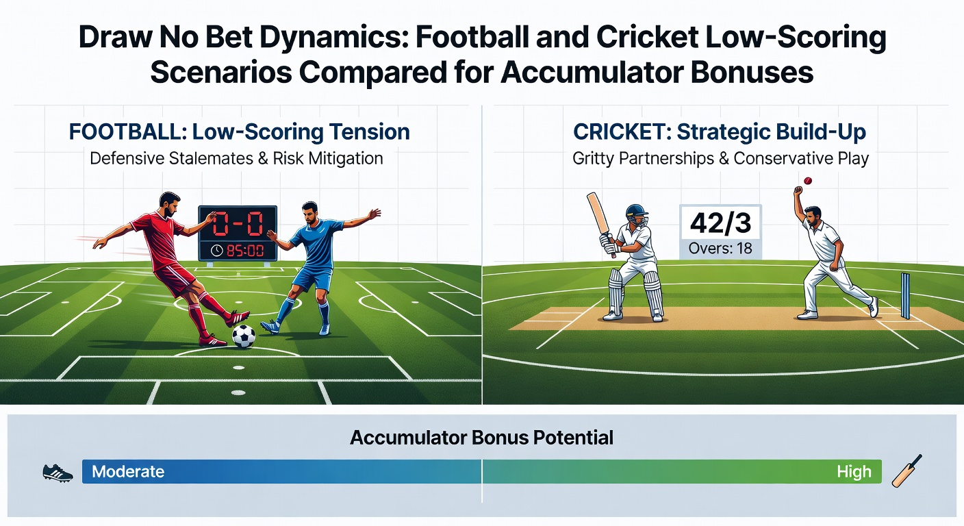 Cricket test match scoreboard showing low totals and a looming draw, contrasted with a football pitch in stalemate, perfect for DNB accumulator insights
