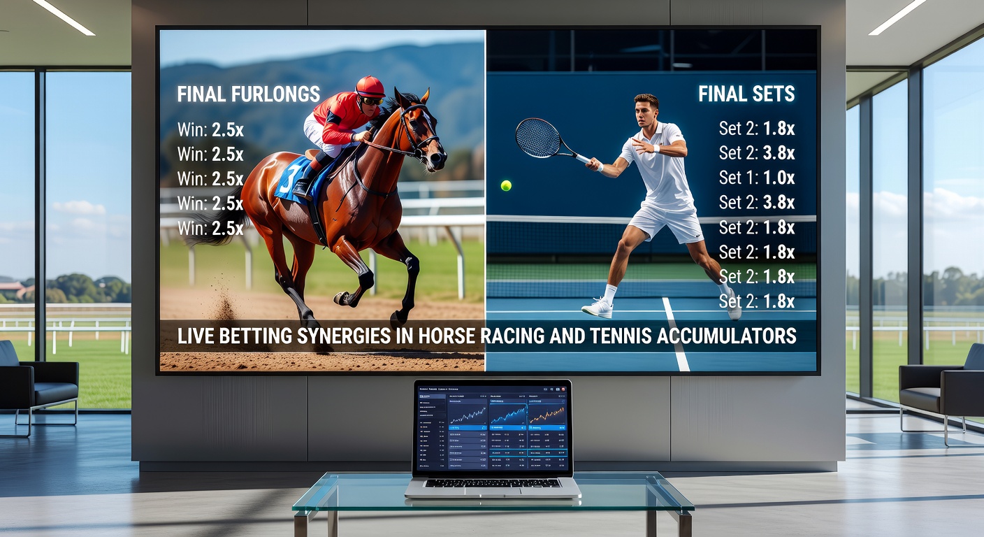 Horse racing action in the final furlongs merging with a tense tennis rally, symbolizing live betting crossovers