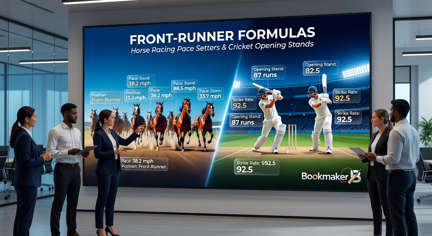 Graph overlay comparing win percentages of horse racing front-runners versus cricket opening stands over 50 runs, with bookmaker odds boosts highlighted in green bars