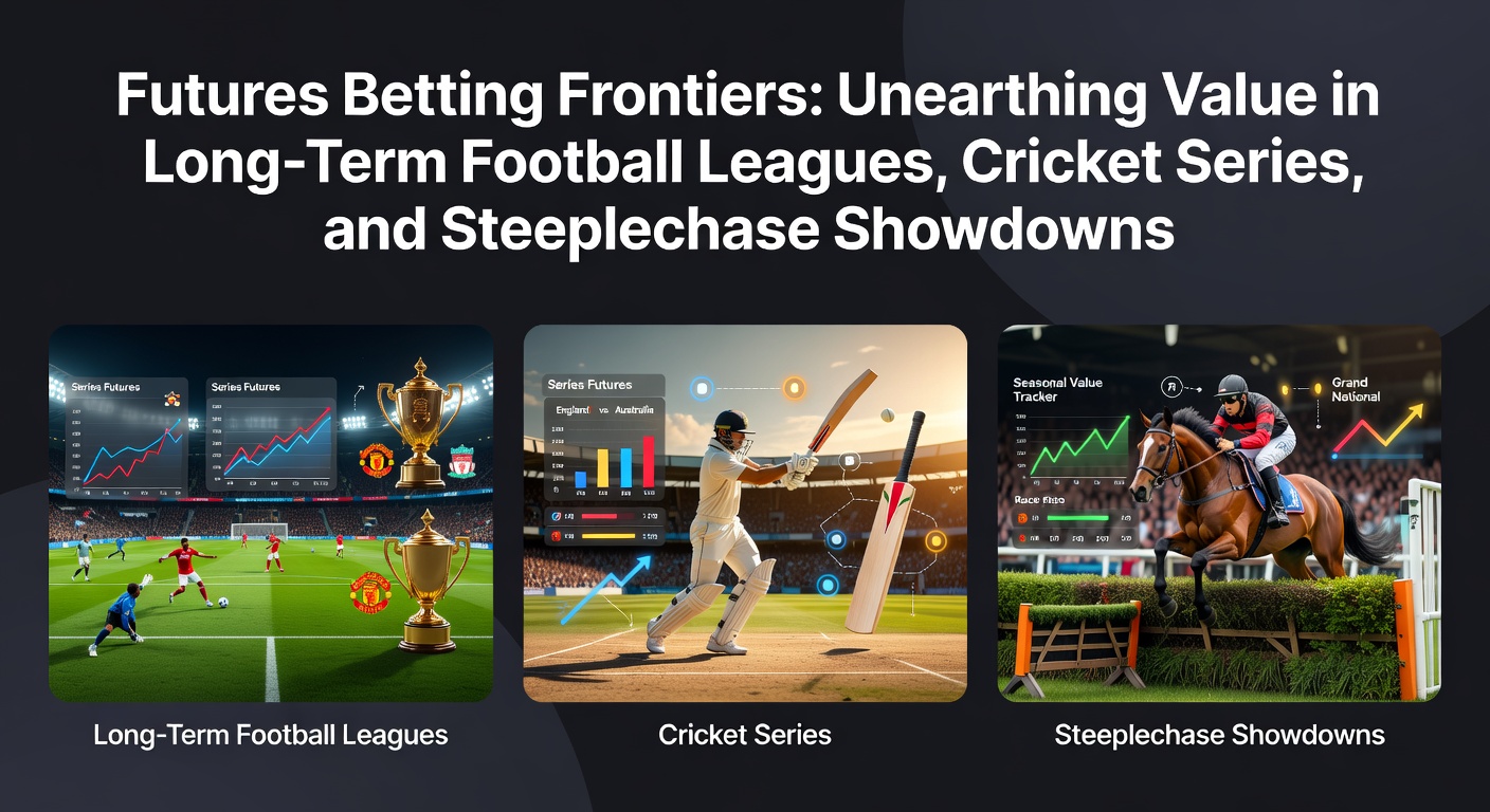 Dynamic visualization of futures betting odds evolving across long-term football leagues, cricket series, and steeplechase events, highlighting value opportunities in shifting markets