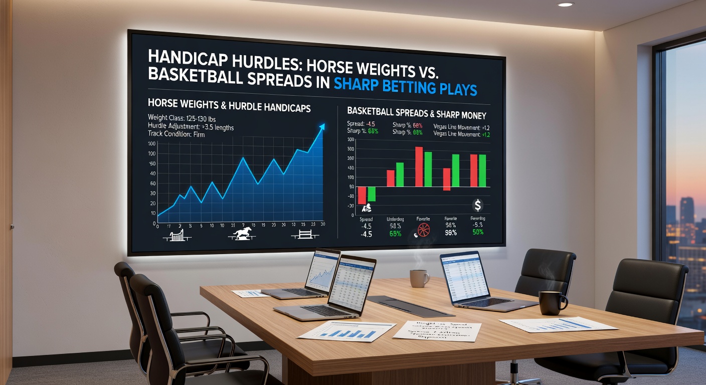 A dynamic split-image showing a horse race with weighted jockeys navigating hurdles alongside a basketball court where players contest a close spread game, highlighting betting parallels