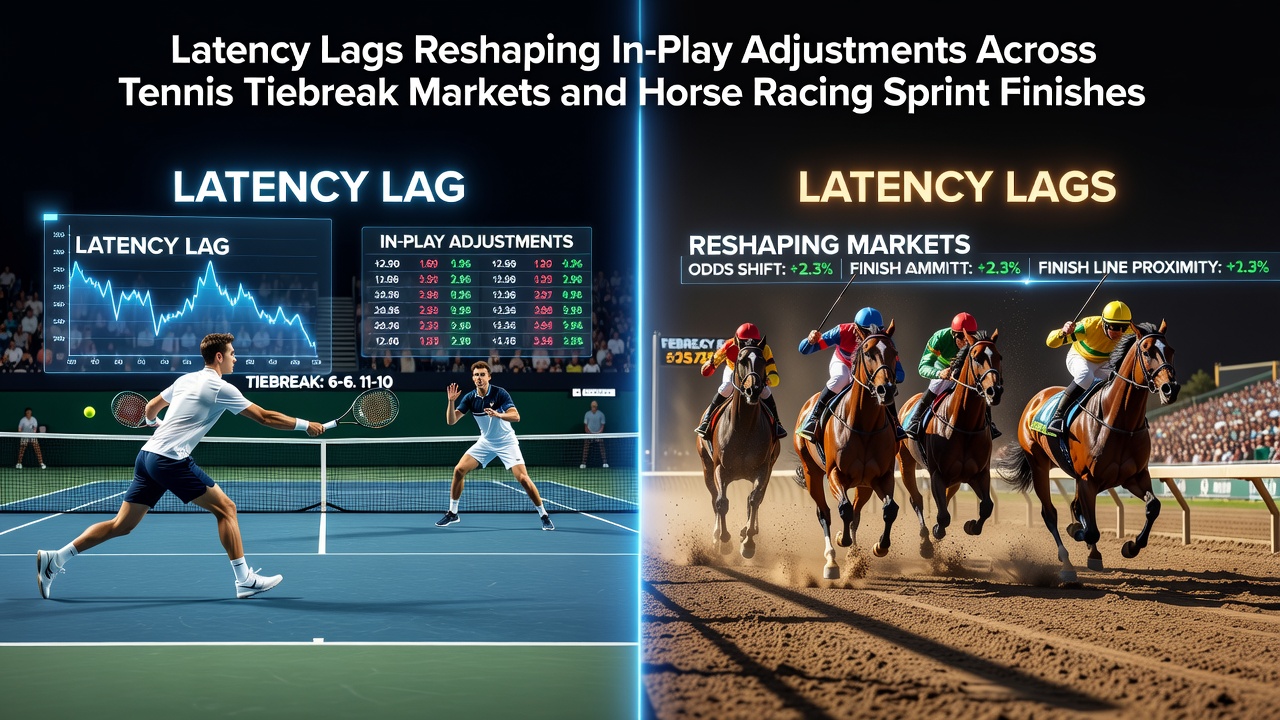 Illustration of live betting interfaces showing delayed odds updates during tennis tiebreaks and horse racing sprints
