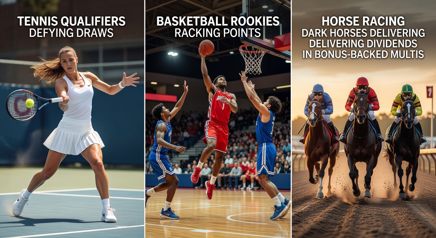 Tennis player celebrating a qualifier upset victory on clay court during spring tournament, with crowd in background and scoreboard showing unexpected win