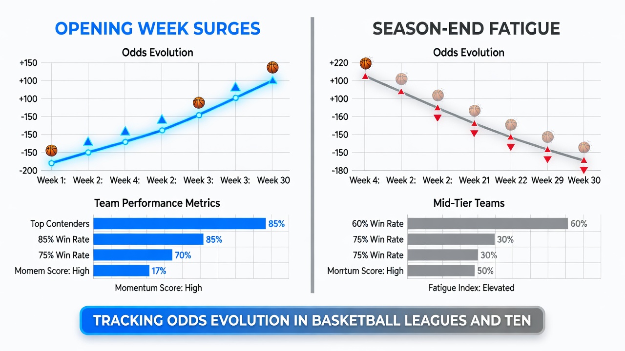 Graph illustrating odds shifts from early-season momentum to late-season fatigue adjustments in NBA and tennis events