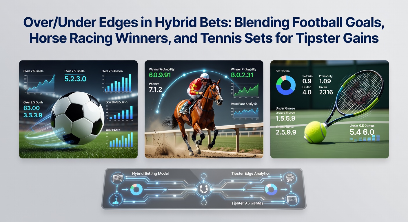 Hybrid betting display showing football goals over/under lines alongside horse racing fields and tennis set totals, highlighting combined accumulator odds