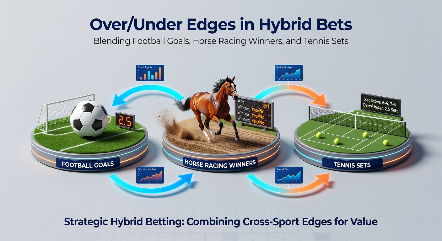 Chart illustrating hybrid accumulator payouts from blended over/under bets on football goals, horse racing winners, and tennis sets, with example odds boosts