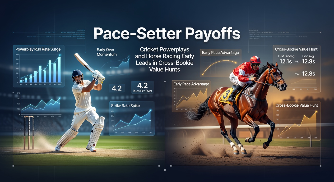 A horse surges ahead in the early stages of a flat race, kicking up turf while competitors trail behind, illustrating the pace-setter advantage in betting markets