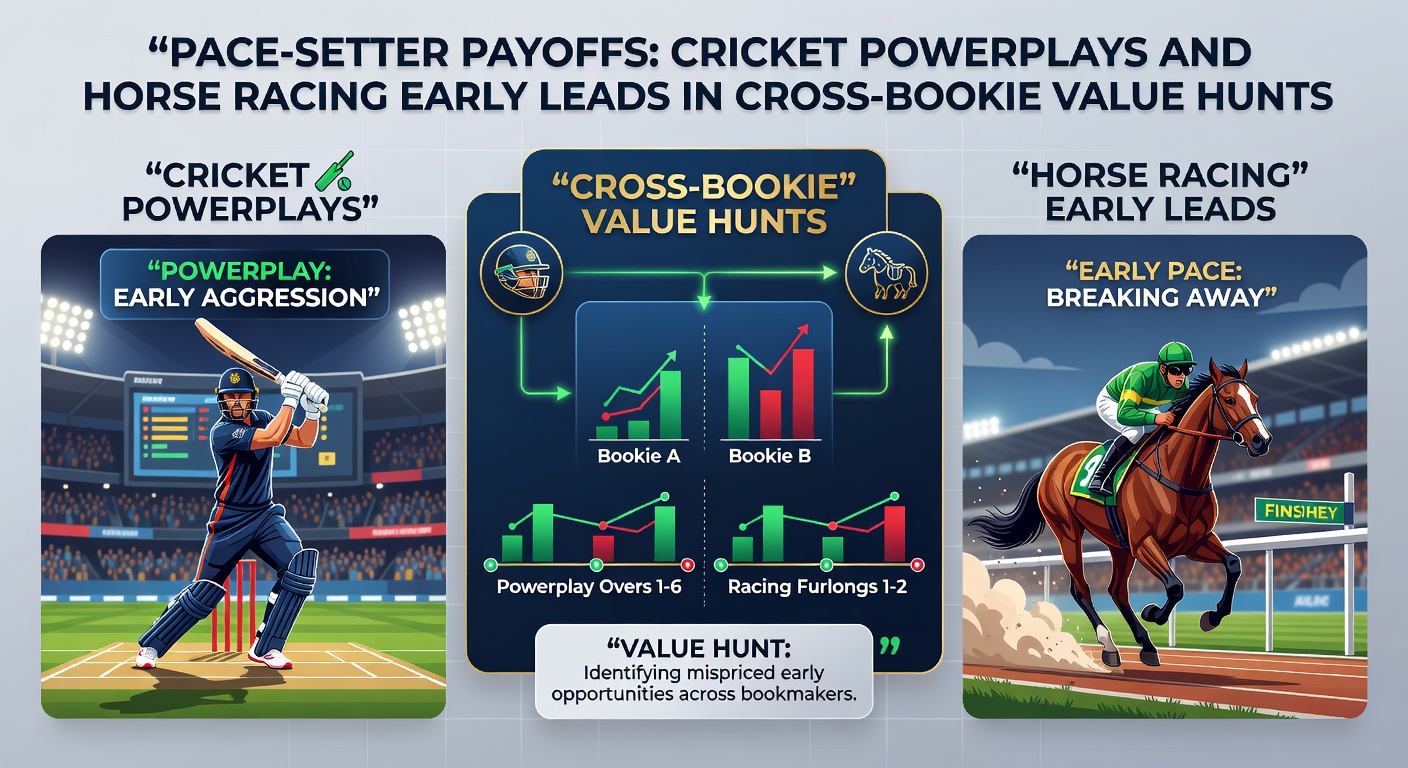 Cricket batsmen unleash aggressive shots during a powerplay over, with fielders restricted and the scoreboard ticking up rapidly, capturing high-stakes early momentum