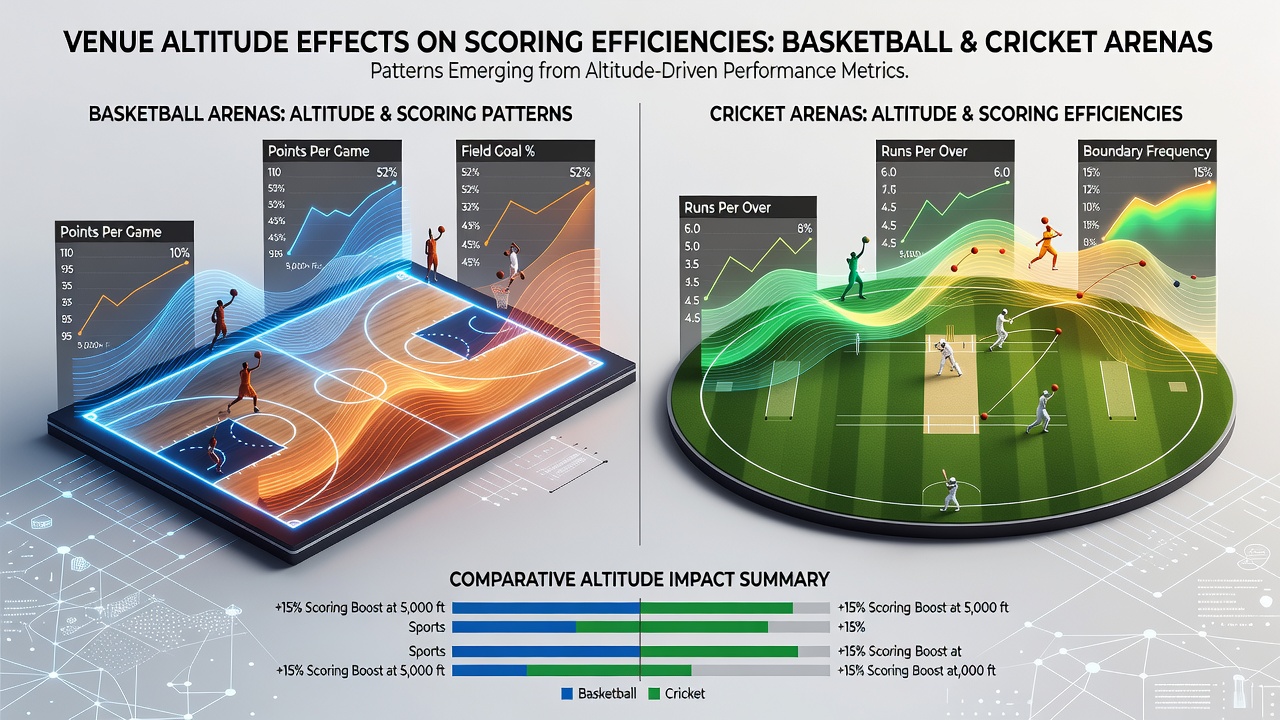 High-altitude horse racing track with stamina metrics overlaid on basketball and cricket venue elevation charts