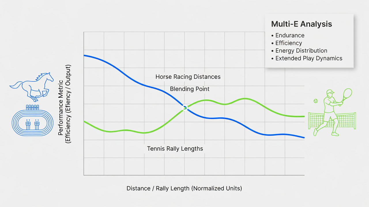 Detailed performance curve overlay comparing mid-race splits from thoroughbred events with extended rally sequences from professional tennis matches