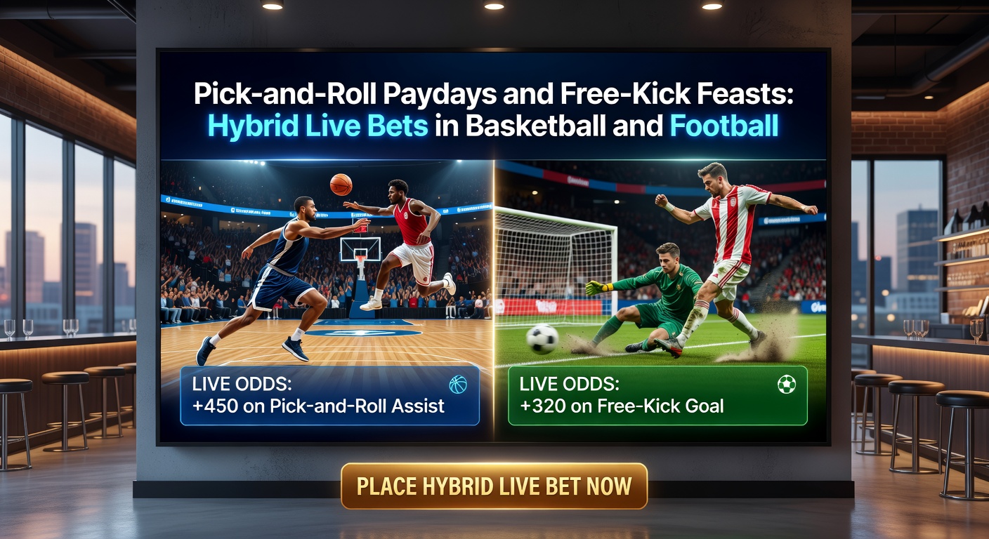 Dynamic action shot of a basketball pick-and-roll play merging with a tense football free-kick setup, highlighting live betting opportunities