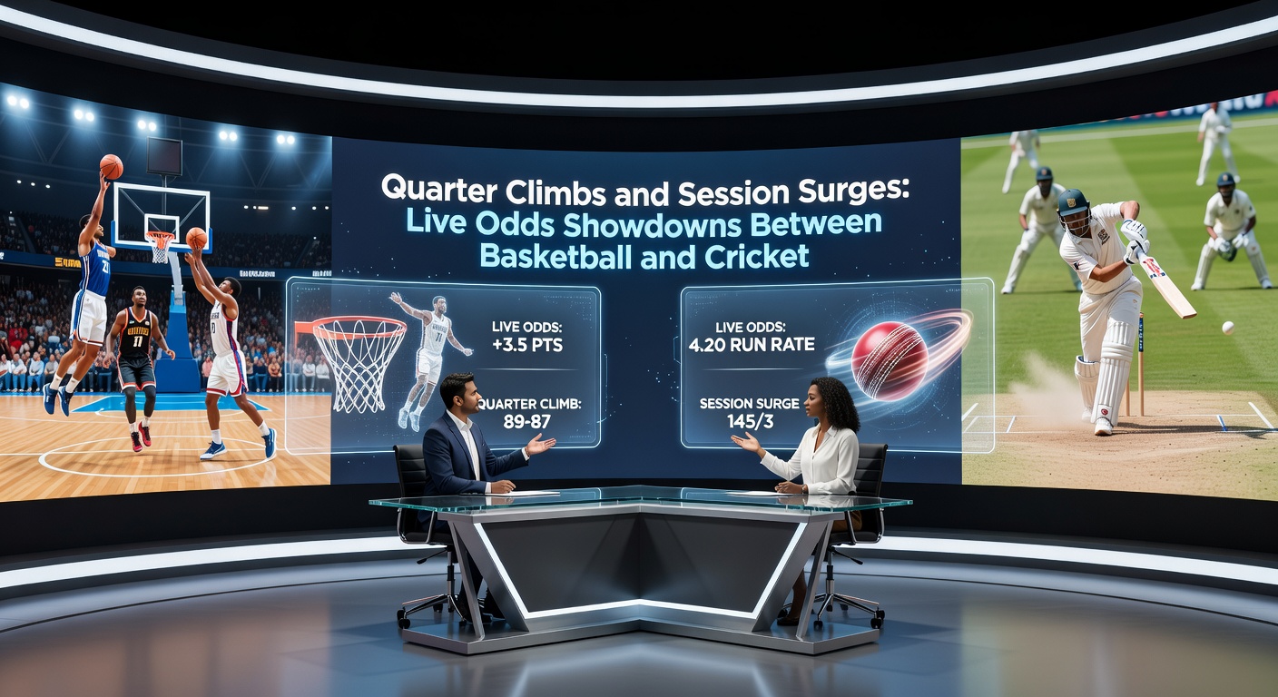 Dynamic live odds display showing basketball quarter lines climbing alongside cricket session surges on a betting interface