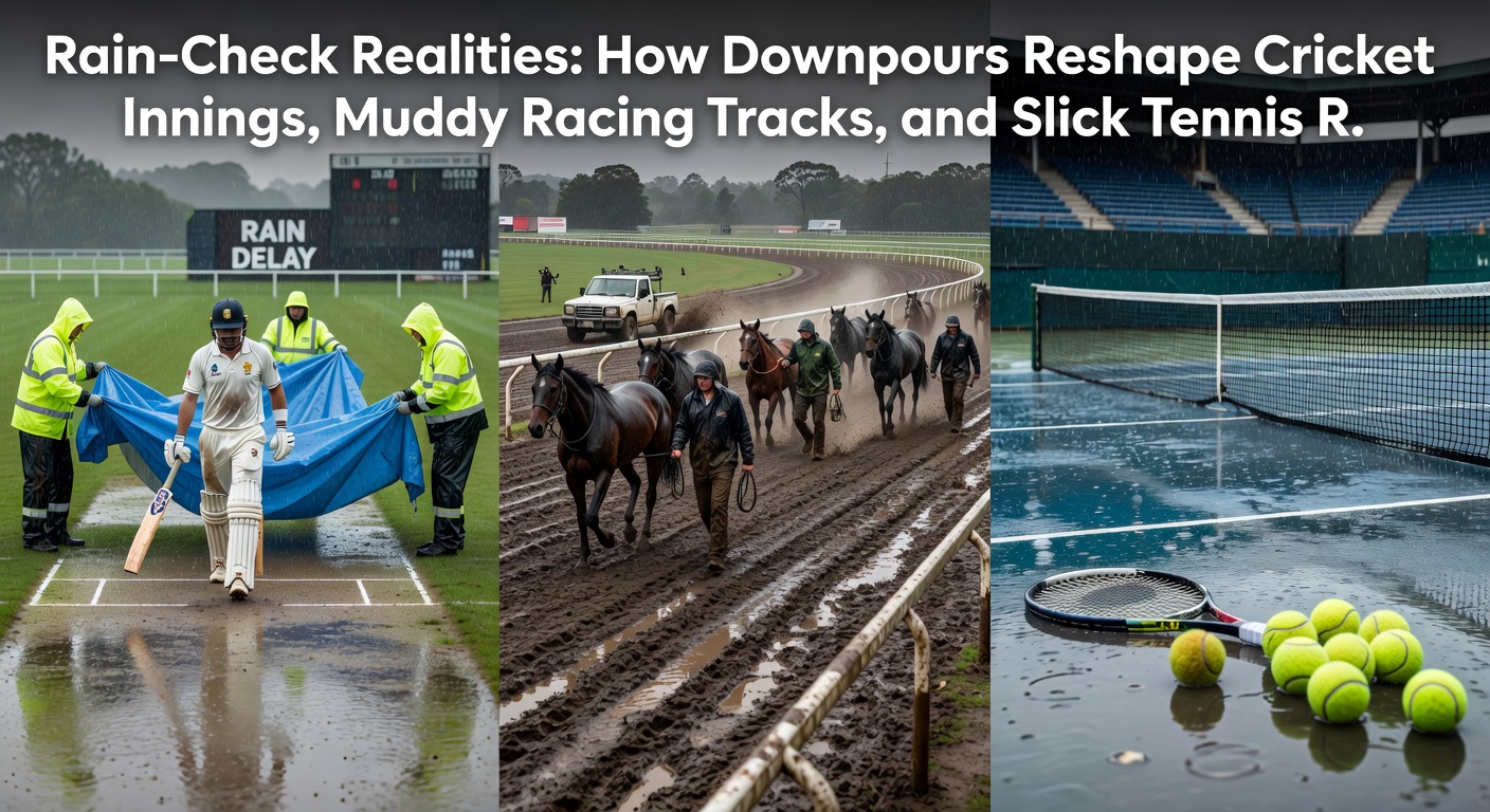 Horse racing on muddy track under rain, jockeys navigating slushy turns while crowd watches intently