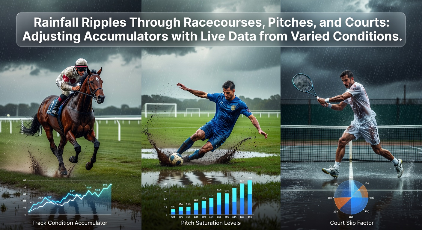 Racecourse track under light rain with bettors checking live odds on mobile devices during a May 2026 event