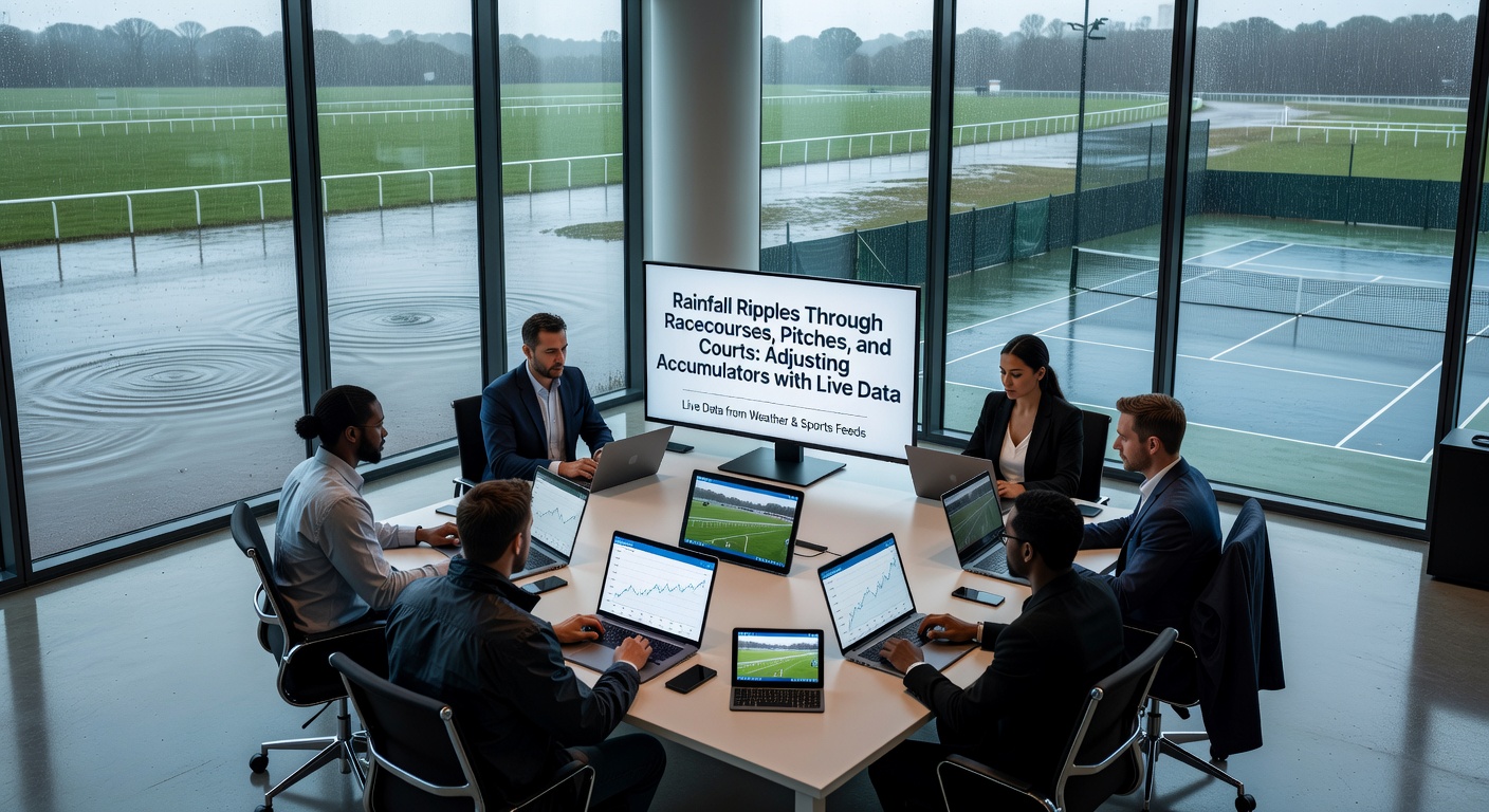 Tennis court with visible water patches and players adjusting strategy while live odds update on nearby screens
