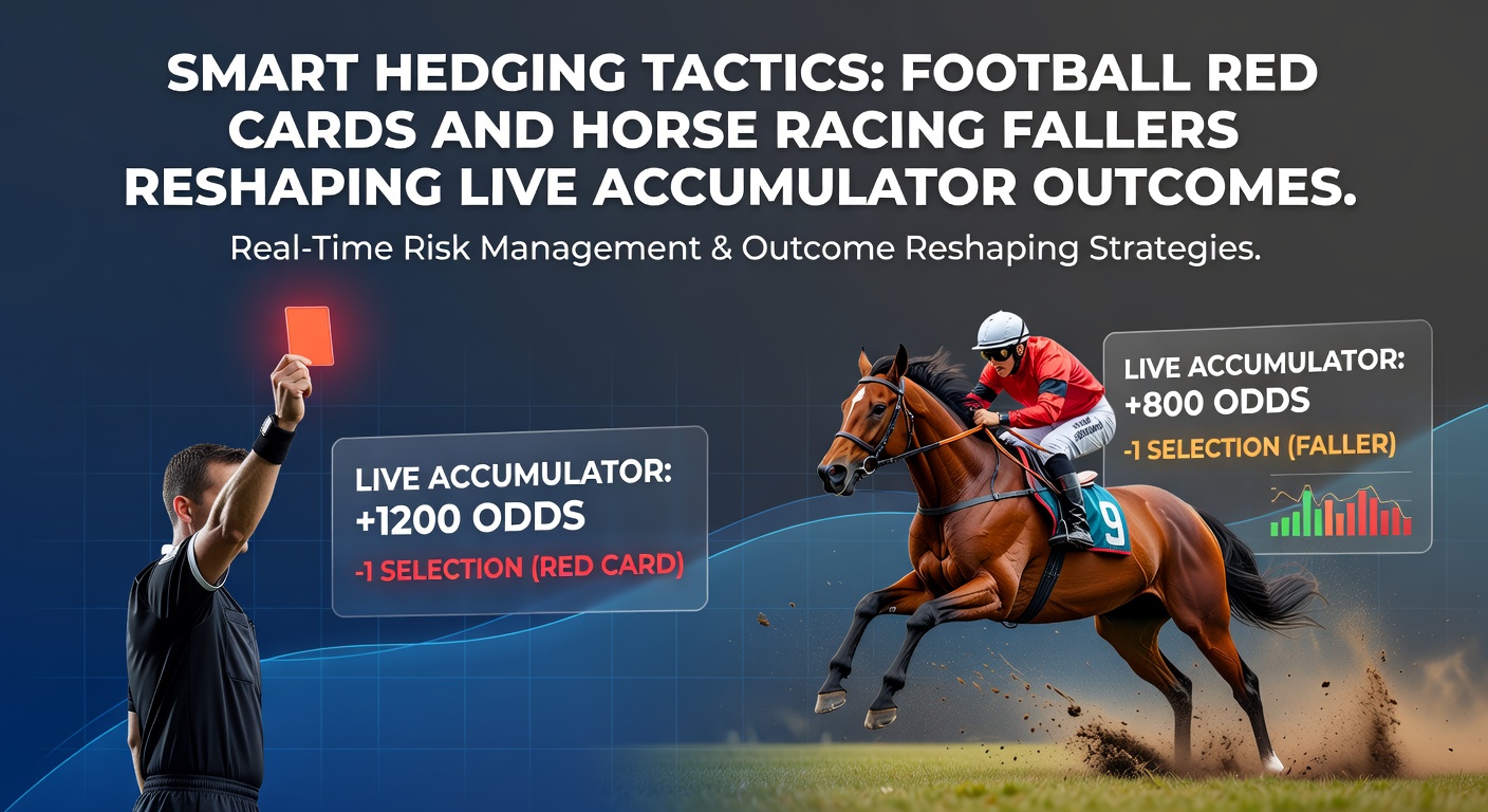 A dynamic split-image showing a football player receiving a red card on one side and a horse falling during a race on the other, with overlaid live betting odds shifting dramatically