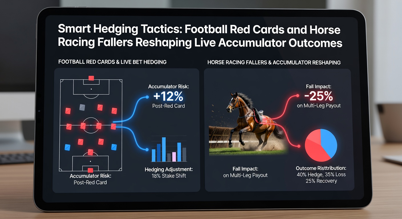 Close-up of a horse race in progress with a faller mid-jump, live betting interface showing accumulator odds updating in real-time below