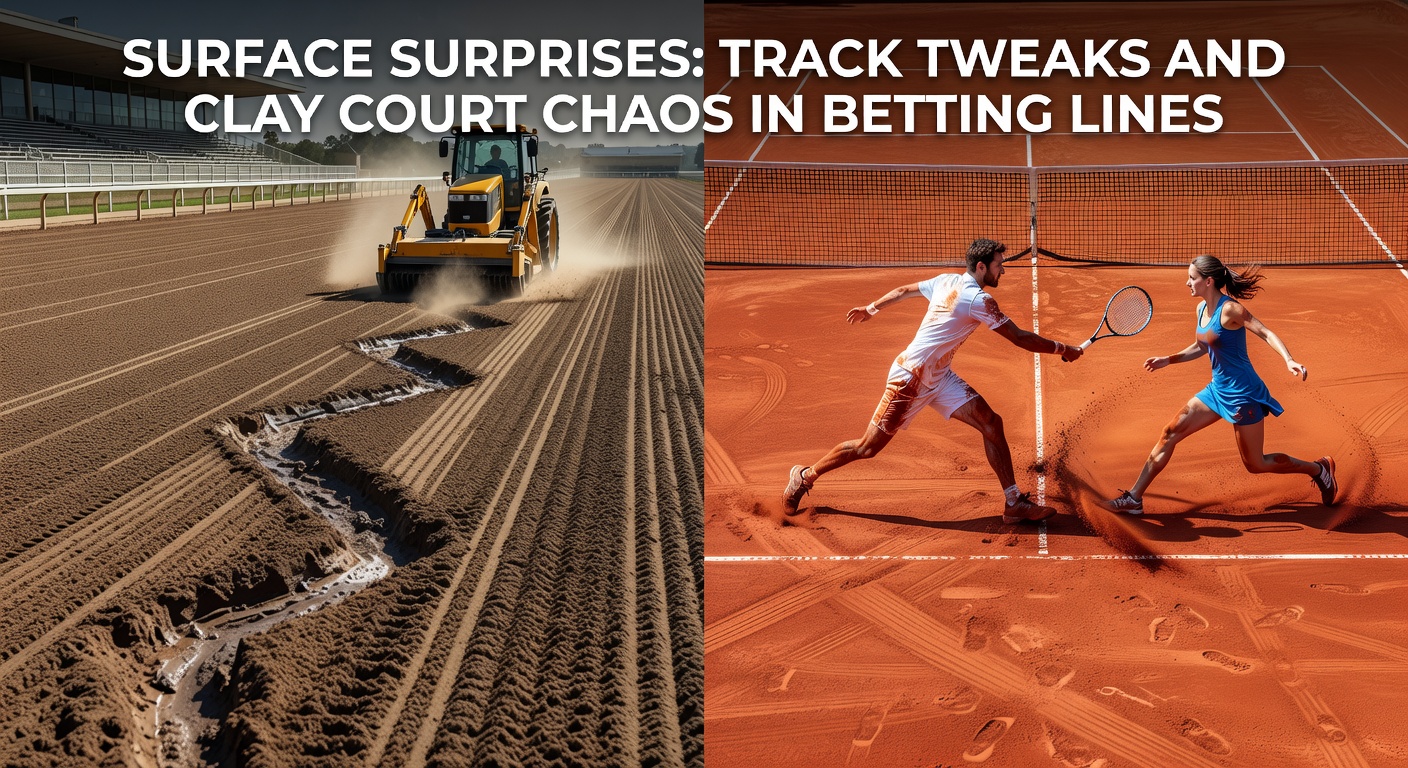 Horse racing track under changing conditions with overlaid tennis clay court action, highlighting betting volatility