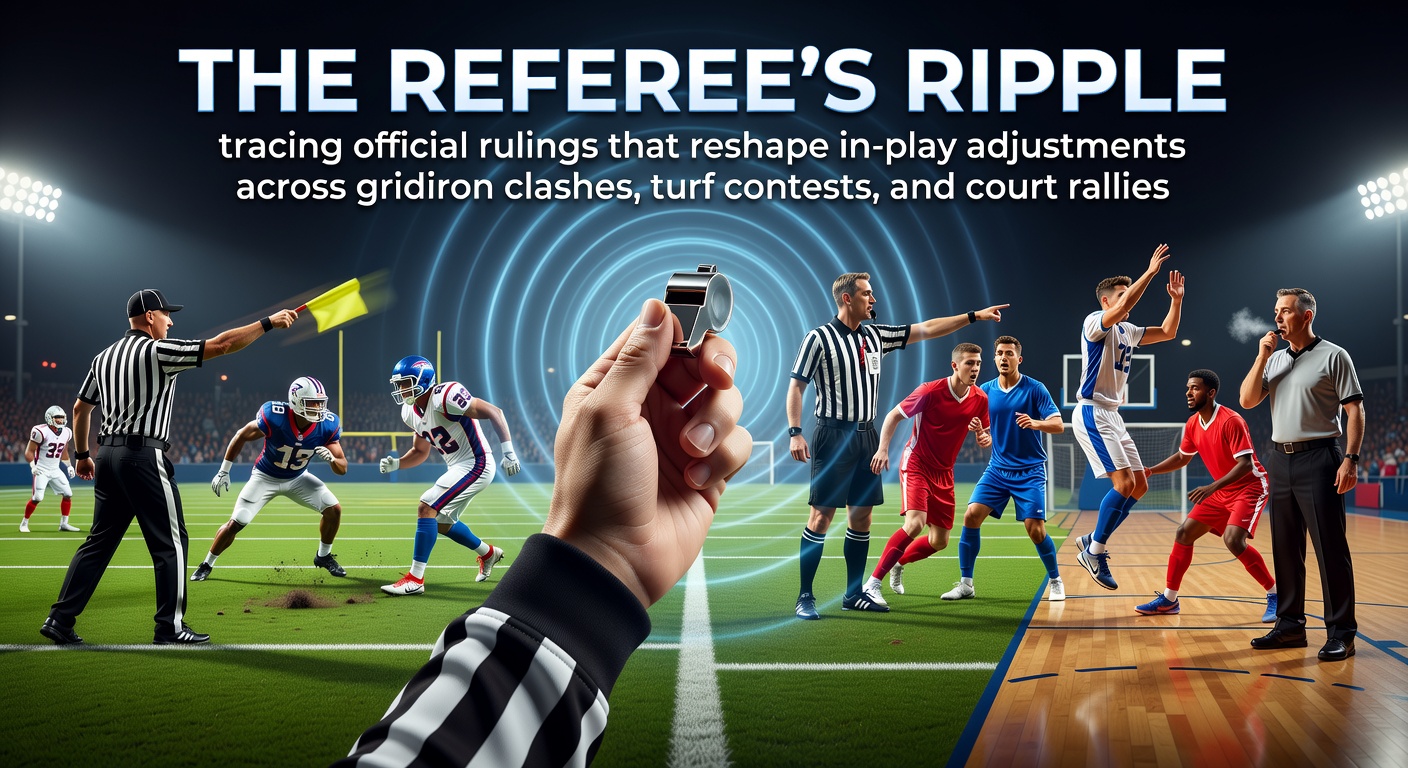 Referee signaling a penalty during an American football game with live betting odds displayed on a nearby screen