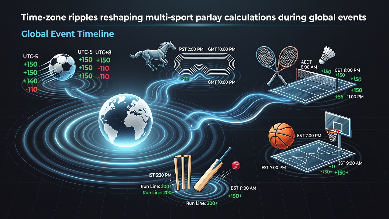 Global time zone map overlaying soccer, horse racing, tennis, basketball and cricket event schedules for parlay calculations