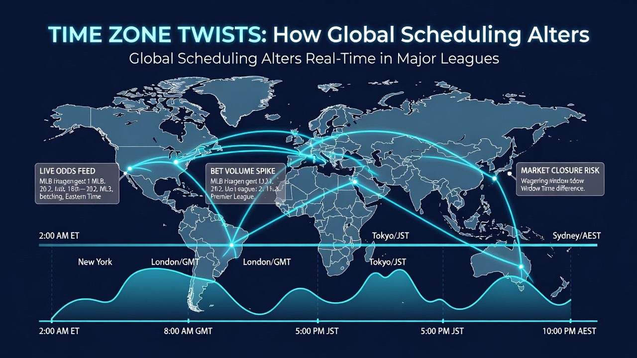 Live wagering dashboard displaying time zone offsets and synchronized odds updates for international leagues