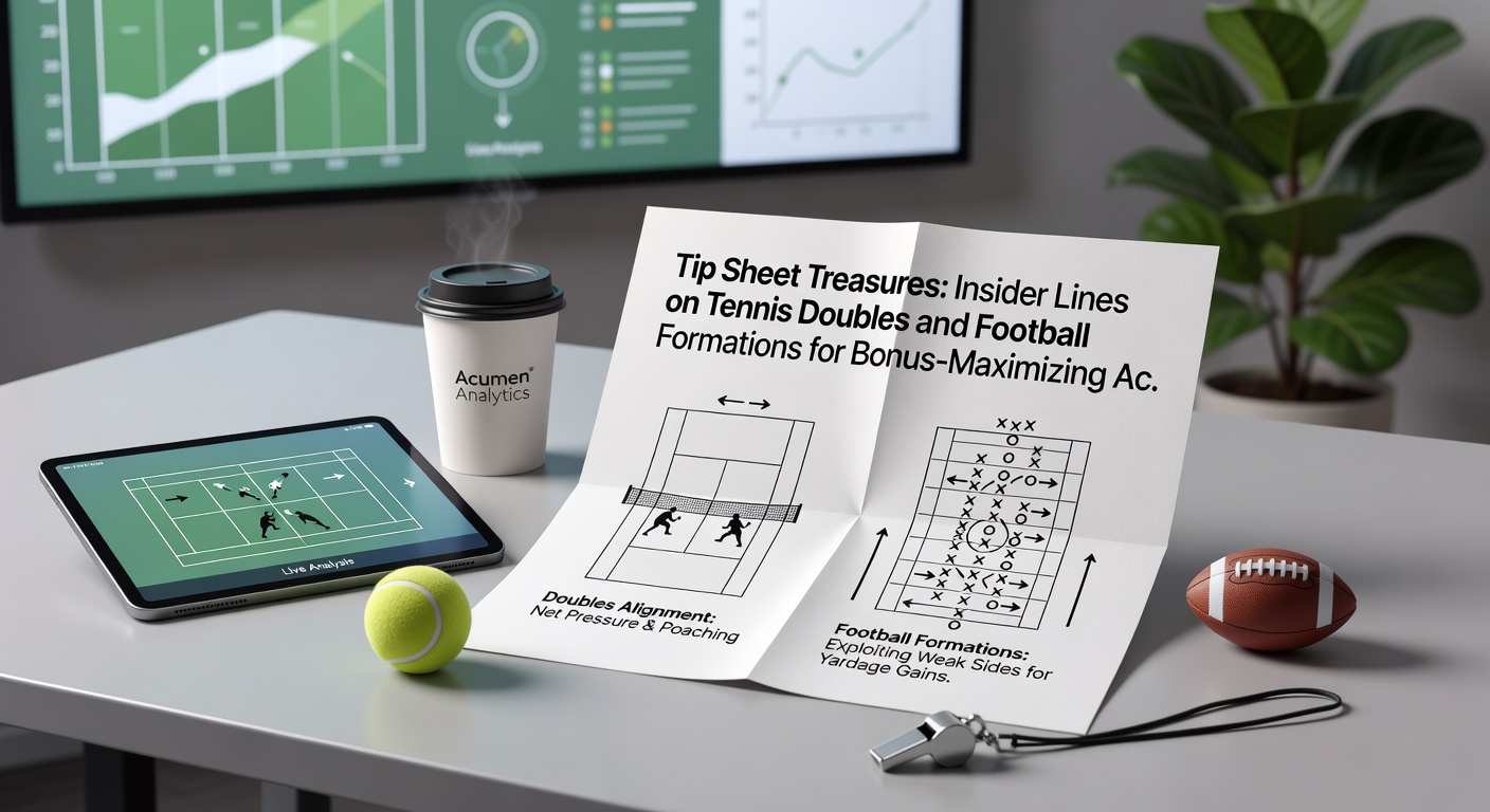 Close-up of a tennis doubles net exchange juxtaposed with a football coach diagramming a 4-3-3 formation, illustrating tip sheet strategies for high-stakes accumulators