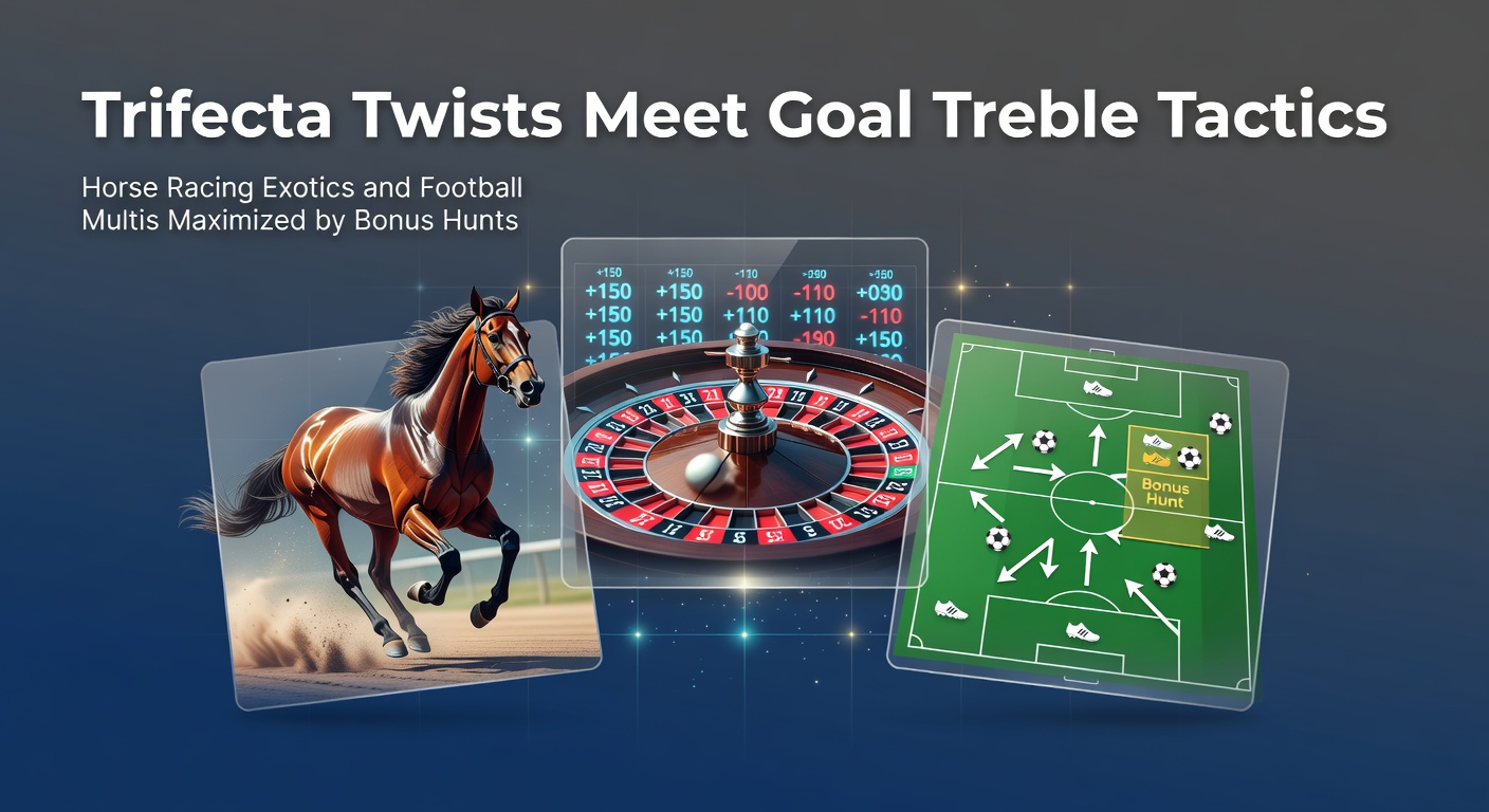 Vibrant scene of a horse race finish line merging with a football stadium goal celebration, highlighting exotic bets and multis
