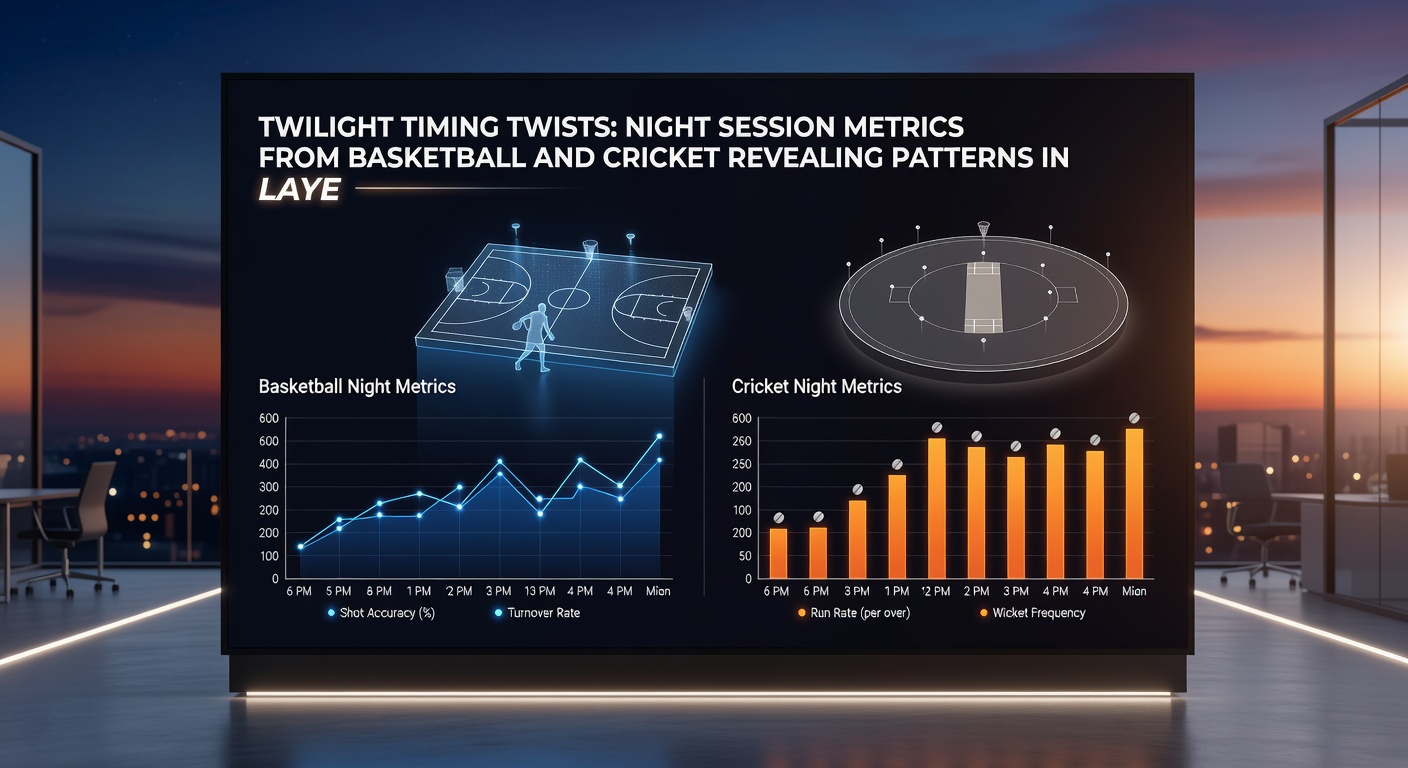 Cricket stadium at dusk with statistical overlays showing night session performance trends