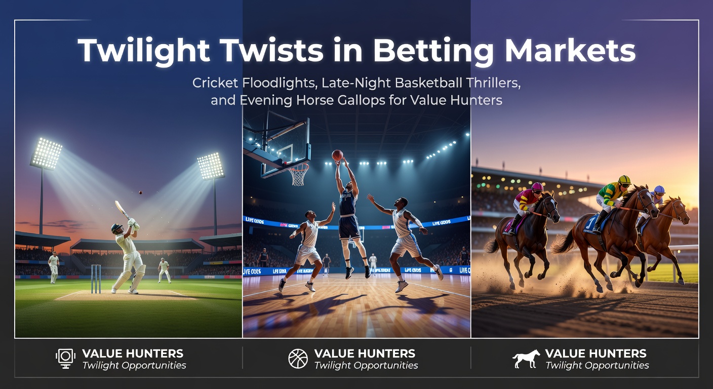 Cricket players silhouetted against floodlights during a tense twilight match, highlighting dramatic betting shifts