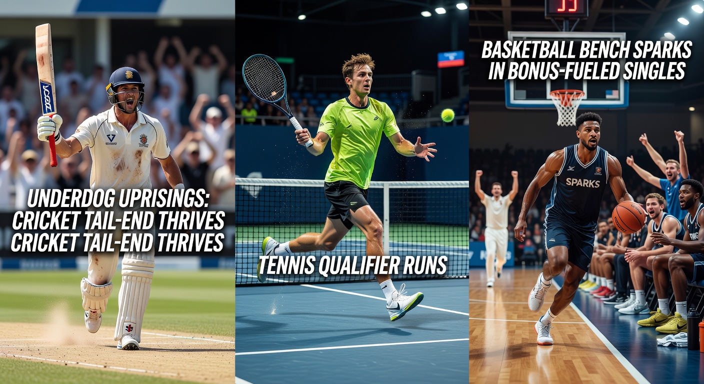 Cricket tail-ender celebrating a boundary hit during a tense chase, with tennis qualifier fist-pumping on court and basketball bench player igniting a comeback