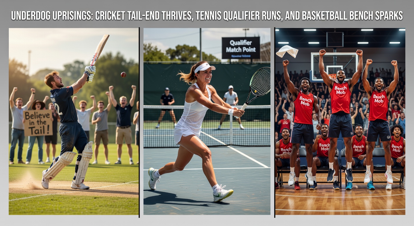 Tennis qualifier advancing past a seeded opponent on a hard court, capturing the intensity of an underdog deep run amid cheering crowds
