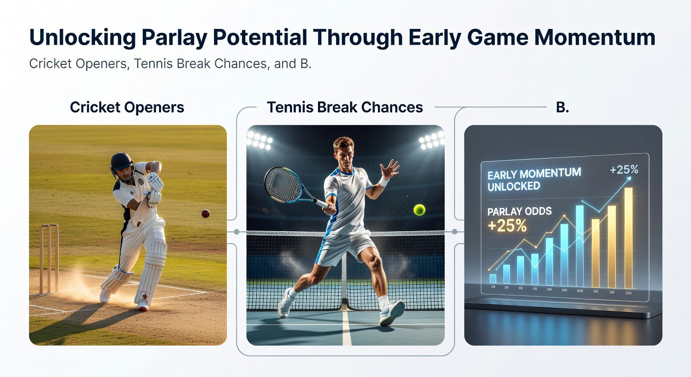 Tennis player celebrating a crucial early break point, with basketball players sprinting in a fast-break transition and cricket scoreboard showing strong opening stand, all framed by bookmaker odds comparisons
