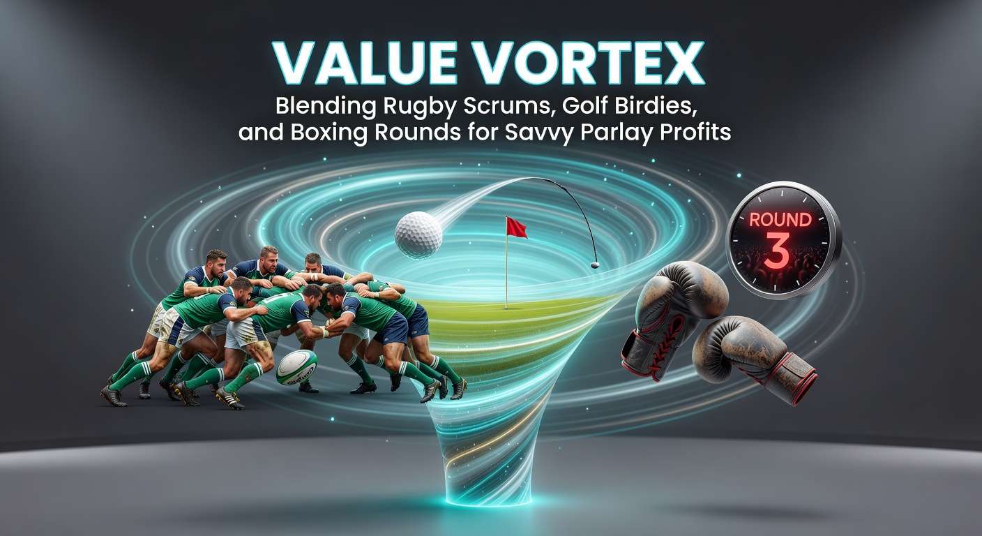Golfer sinking a crucial birdie putt on a sun-drenched green, symbolizing the statistical edge in multi-sport parlay construction alongside rugby and boxing elements