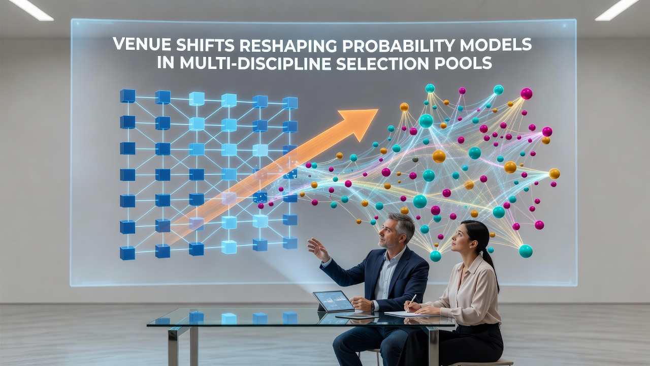 Diagram showing venue changes across tennis courts, basketball arenas, cricket grounds and horse racing tracks affecting multi-sport betting probability models