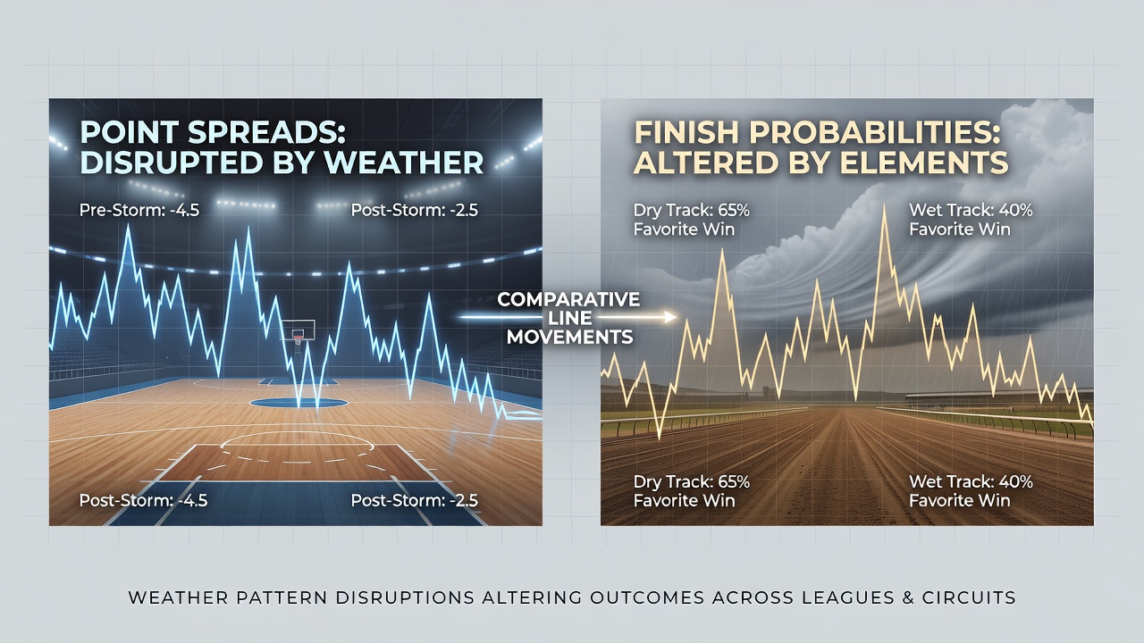Weather disruptions shifting basketball point spreads and horse racing finish lines in betting markets
